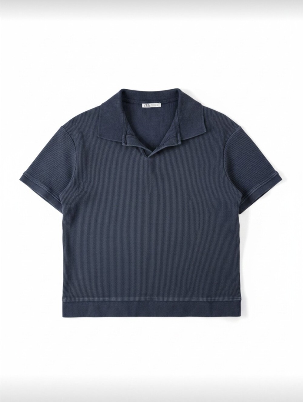 Zara Men's Large Navy Blue Ribbed Short Sleeve Johnny Collar Polo Shirt